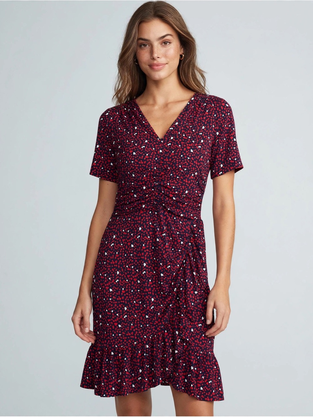 Michael Kors Heart Print Flounce-Hem, Rouched Waist, V Neck Dress.